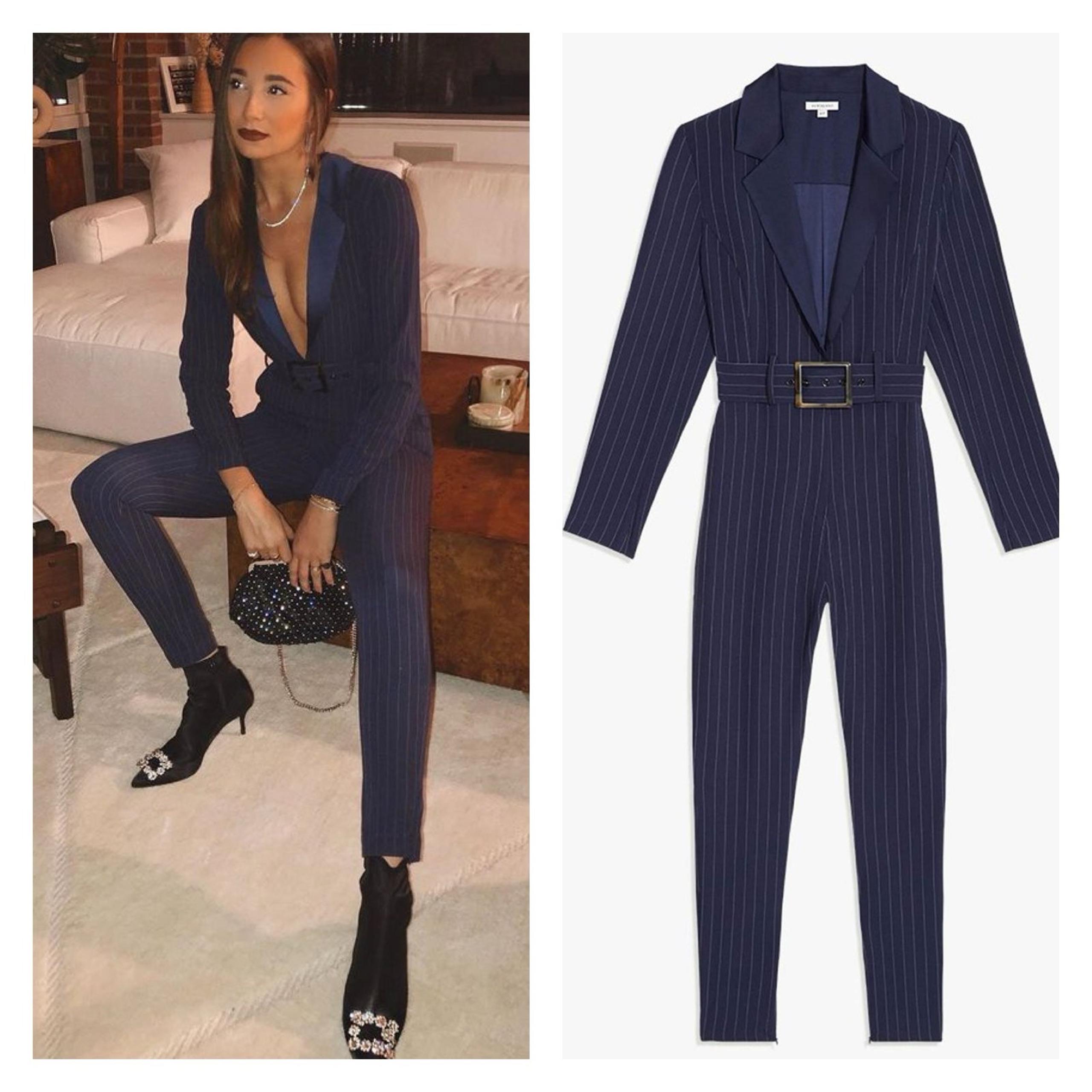 WE WORE WHAT | Blazer Jumpsuit - Navy Pinstripe Open Front Long Sleeve XS NWOT