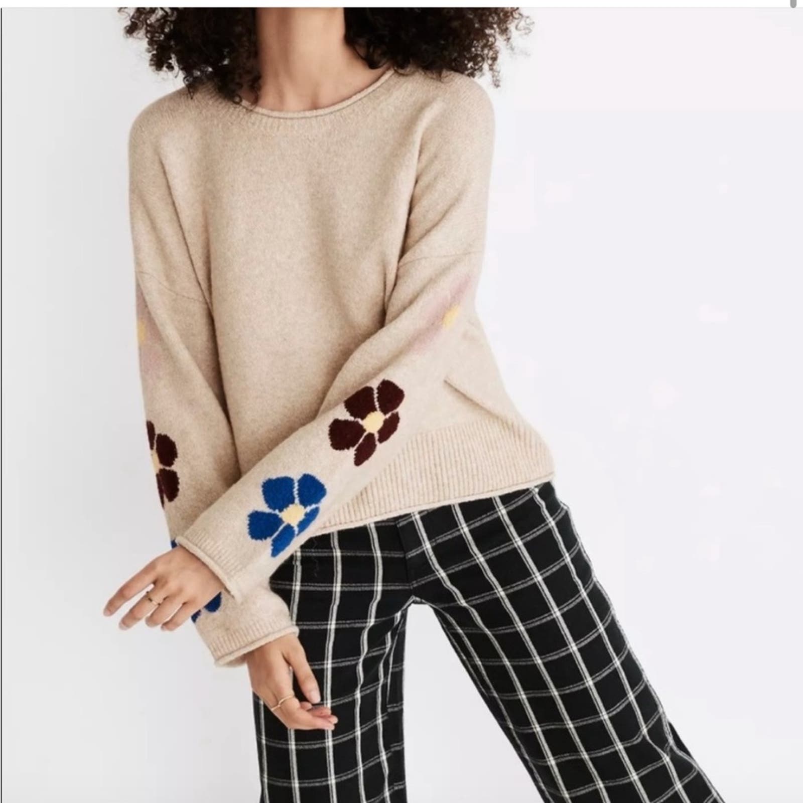 Madewell Bellmore Floral-Sleeve Wool Blend Pullover XS Heather Sand