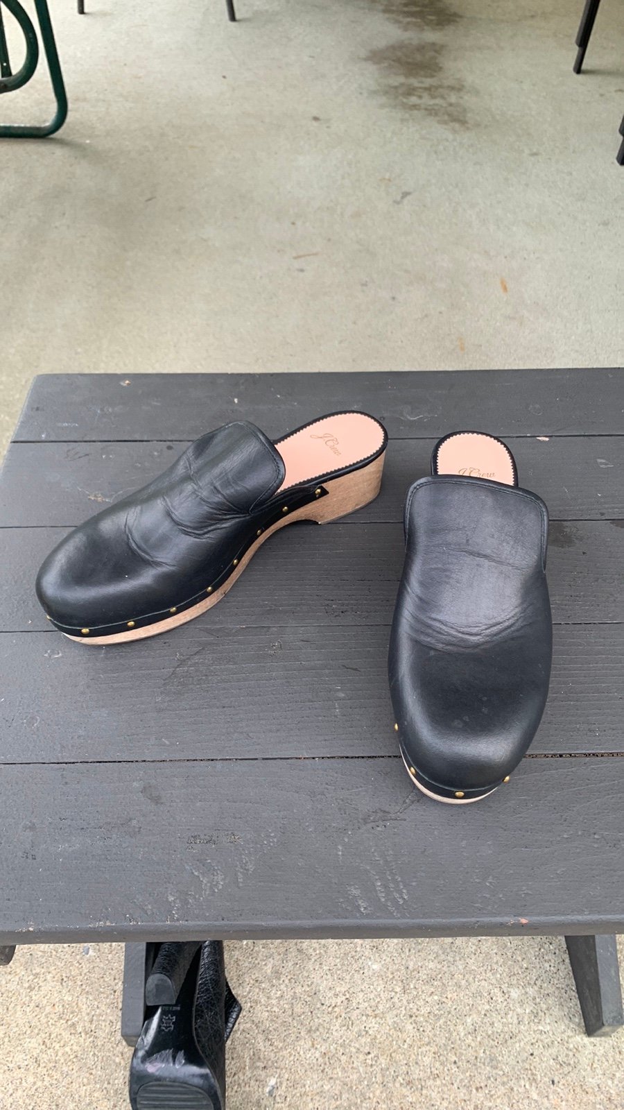 J. Crew Black Leather Studded Wooden Clogs Mules Size 10