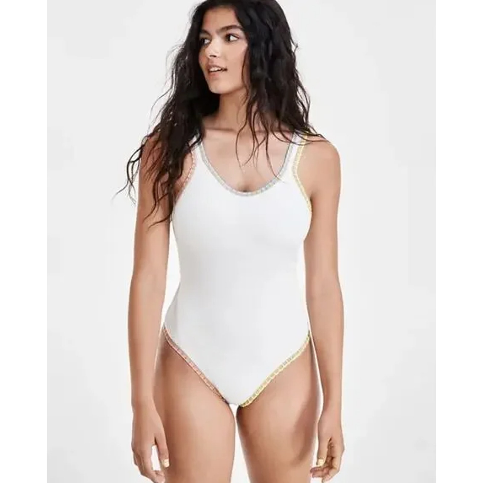 NEW PQ Swim Platinum White One Piece Swimsuit Large Neon Crochet Rainbow Trim
