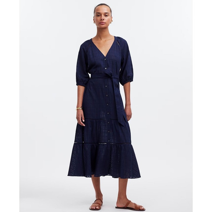 Madewell Tie-Waist Tiered Midi Dress in Windowpane Women's Size 0 Navy Blue NWT!
