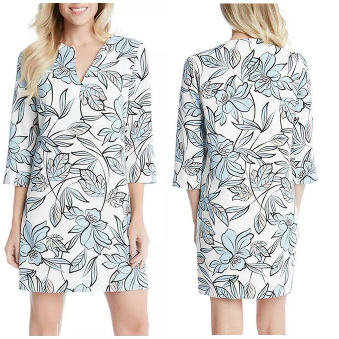 Karen Kane Blue Floral Print Crepe Shift Dress Split Neck Size XL Lined