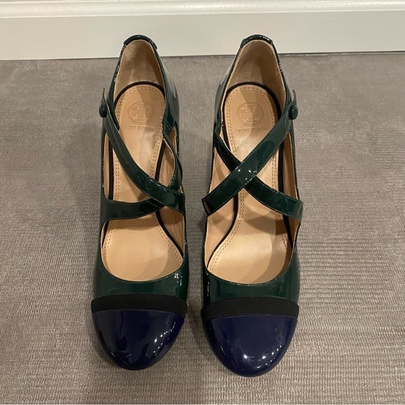 Tory Burch Round Toe Mary Jane Block Heels Navy and Green 10.5