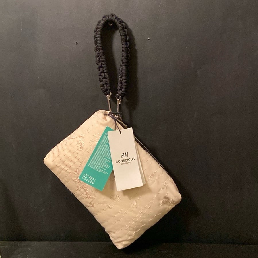 H&M Conscious Exclusive Handbag NWT Cream Fabric Embroidered Macramé Handle