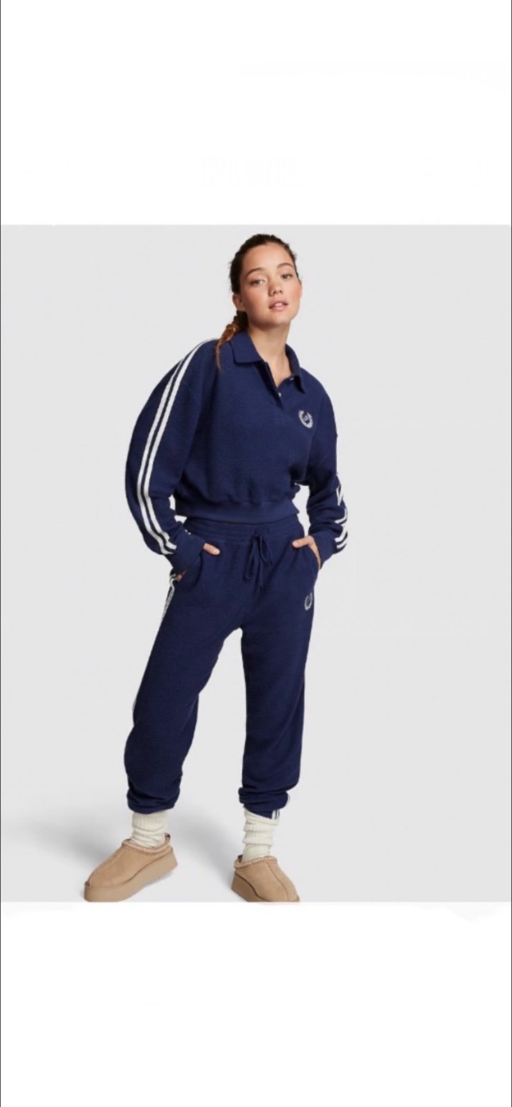 NWT VS PINK Reverse Fleece Cropped Sweatshirt & Gym Pants SET LARGE