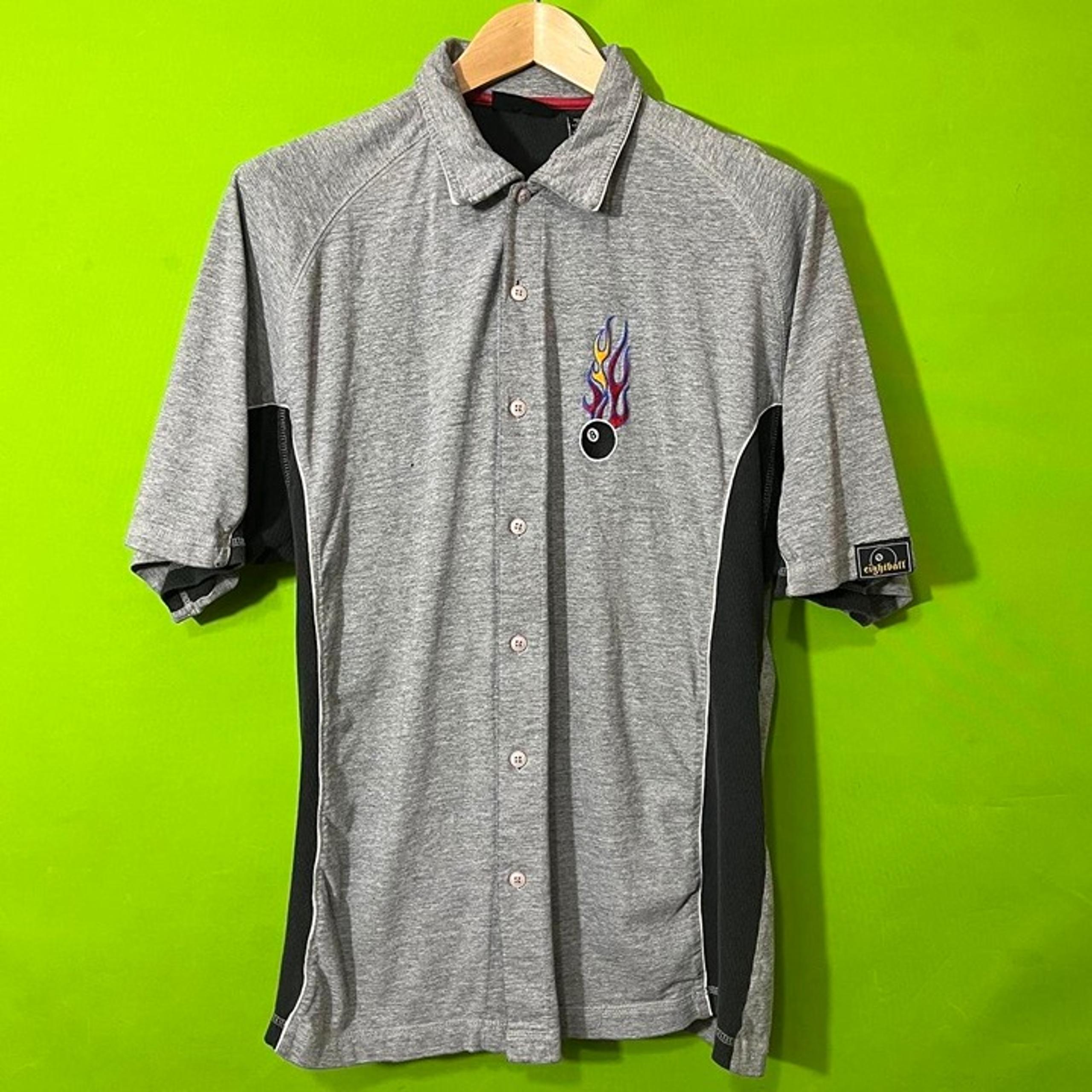 large No Boundaries 90s Y2K flaming eight ball pool button down shirt