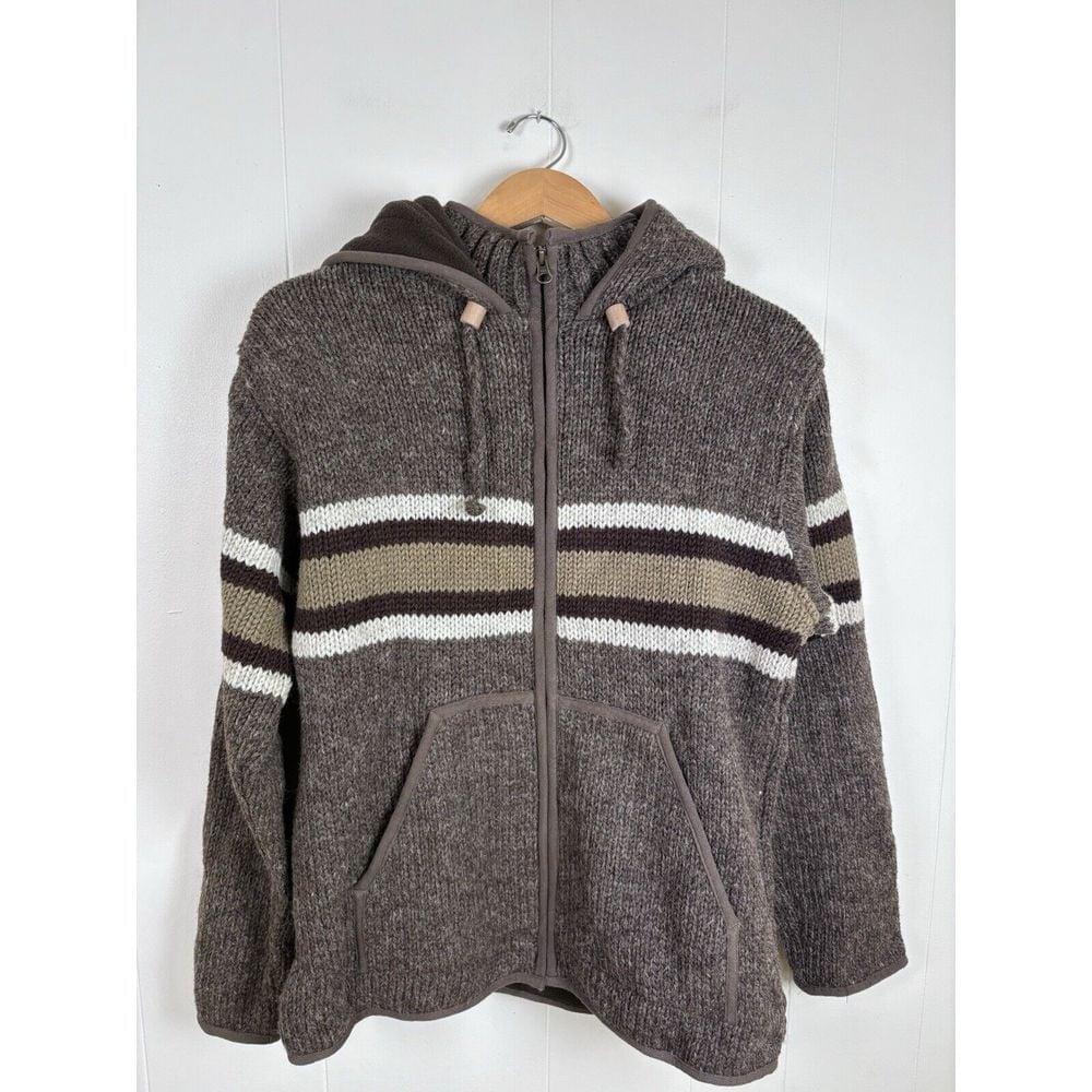 Lost Horizons Nepalese Hand Knit Hoodie Sweater Natural 100% Wool Sz Med Brown