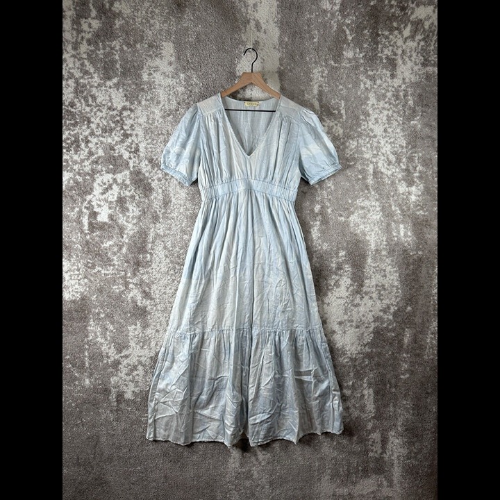 Starkx Dress Medium Blue Tie Dye A Line Elastic Waist 100% Linen V Neck Midi