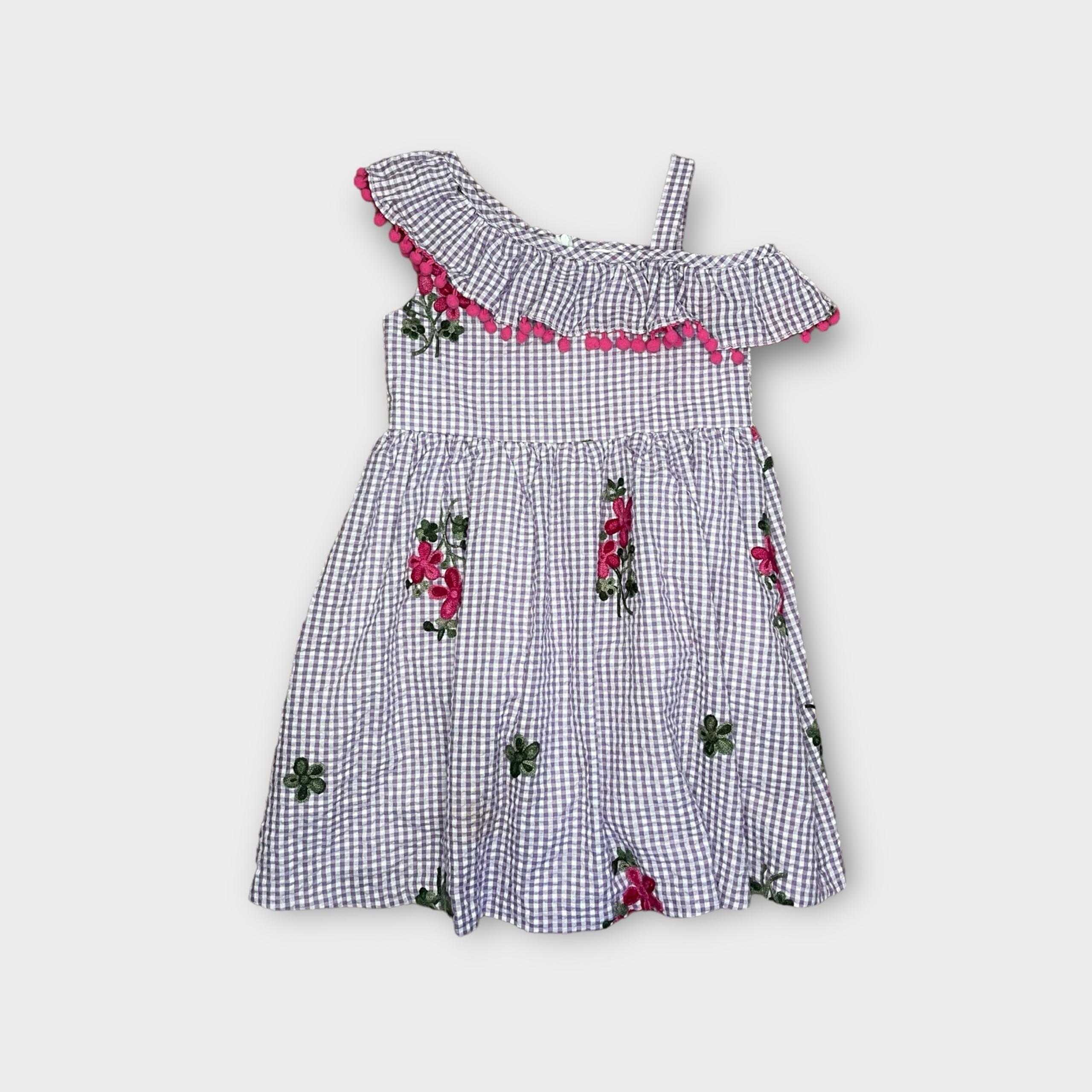 Rare Edition Purple Gingham Plaid Embroidered Floral Pom Pom Dress