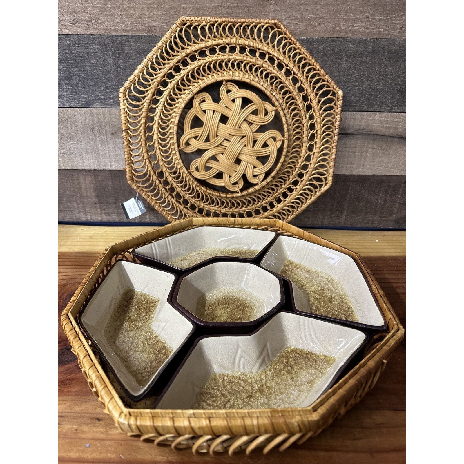 MCM Style Ten Thousand Villages Woven Rattan Tray 5 Piece Pottery Dish Set-nwt