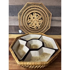 MCM Style Ten Thousand Villages Woven Rattan Tray 5 Piece Pottery Dish Set-nwt