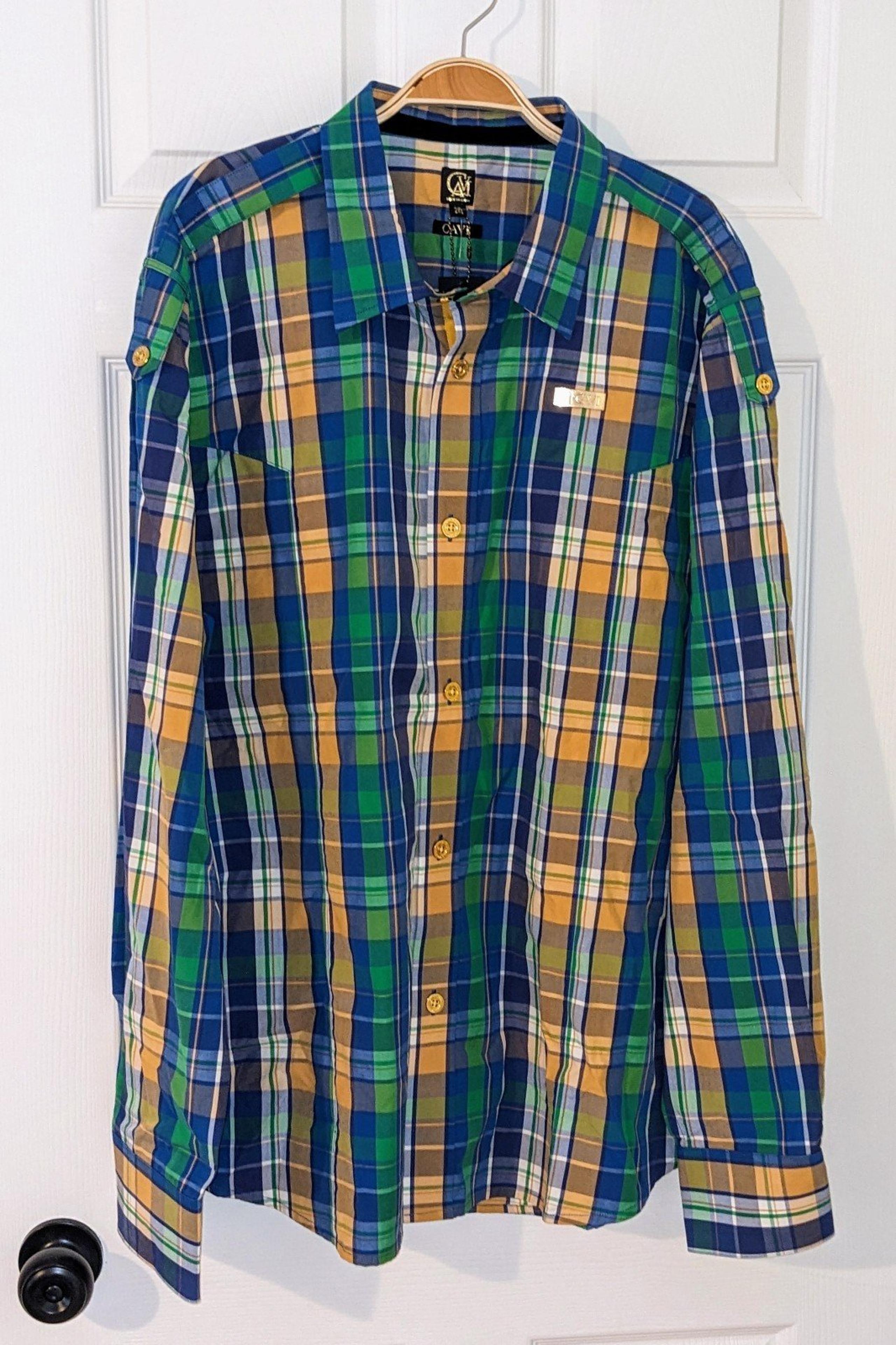 Cavi Men 2XL Plaid Striped Long-Sleeved Button Cotton Shirt Gold Buttons NWT $98