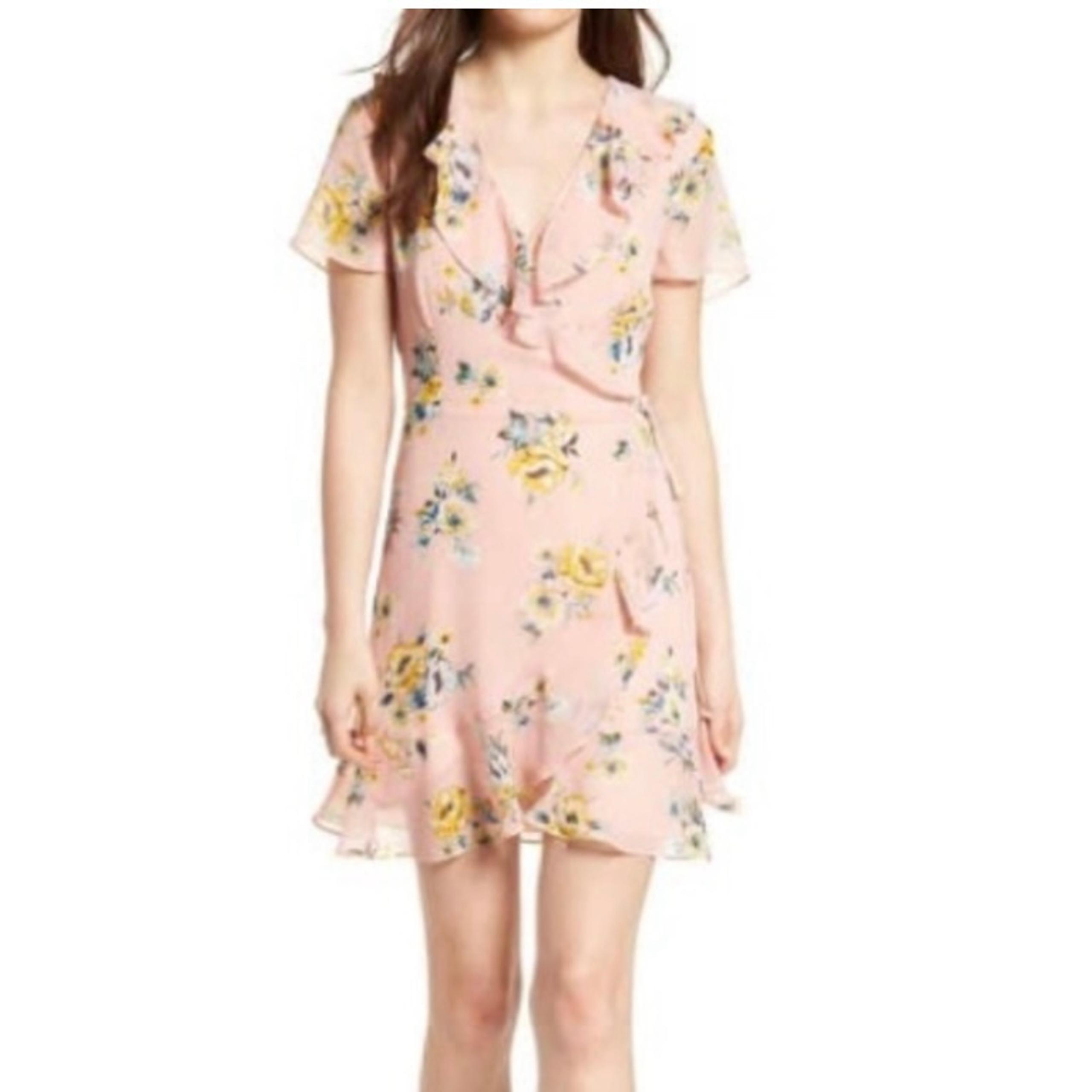 LUSH wrap dress flutter sleeves ruffles summer pink watercolor floral Size Med