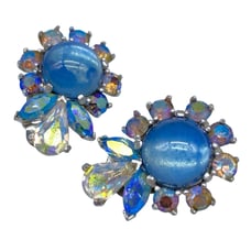 JOMAZ Vintage Blue AB Rhinestone Clip Earrings Signed Moon Glow Glass Cabochon