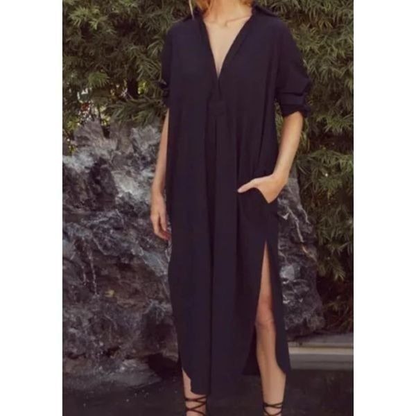 Ona by Yoon Chung Womens Tropez Oversized Shirt Dress II Black Size XS/S V neck