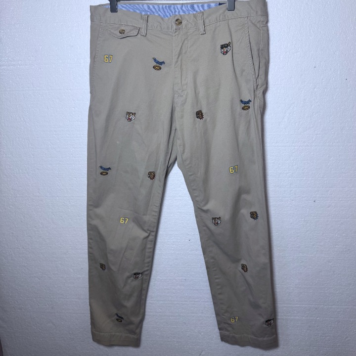Polo Ralph Lauren Mens 33 / 30 Embroidered Dog Bird Tiger Chino Slim Fit Pants