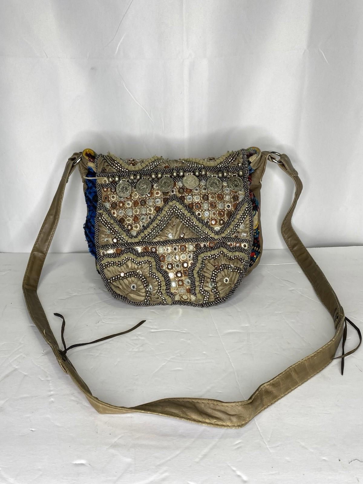 Free People Beaded Crossbody Bag Purse Coins Tapestry Patchwork Goat Leather