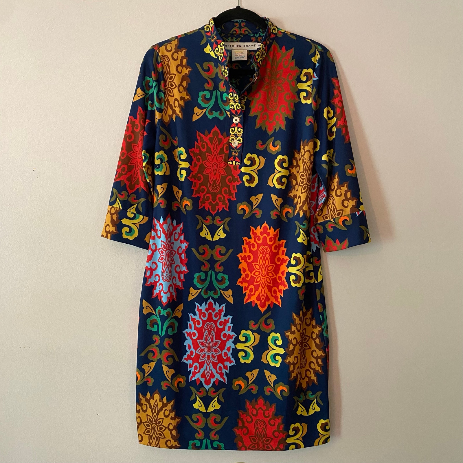 Gretchen Scott Women's size Medium Blue Colorful Paisley Artsy Jersey Mini Dress