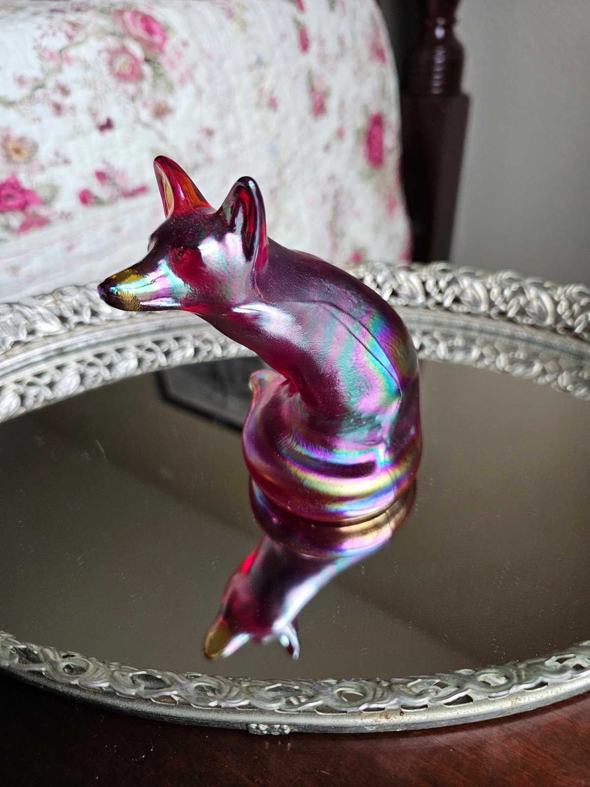 Fenton Red Iridescent Carnival Glass Fox with Cadmium Glow