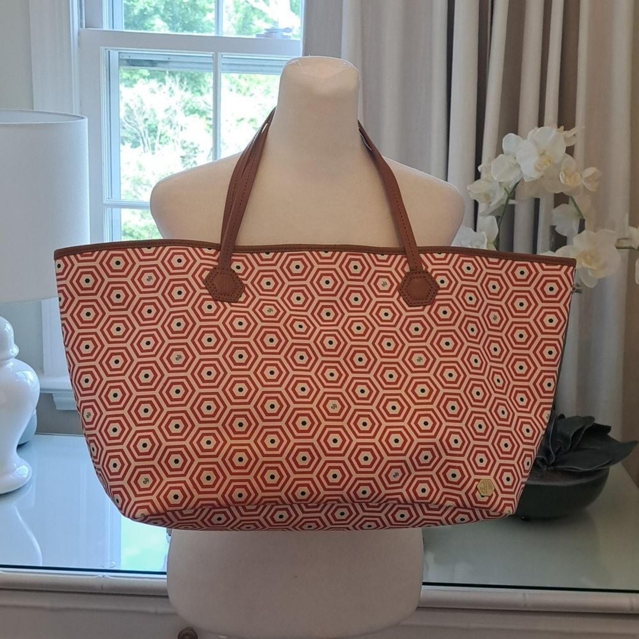 Jonathan Adler Womens Classic Leather Tote White/Coral/Black Print Brown Straps