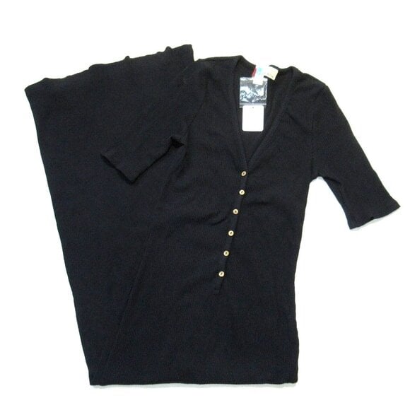 NWT Free People FP Beach Lulu Henley Midi in Black Ribbed V-neck Dress M