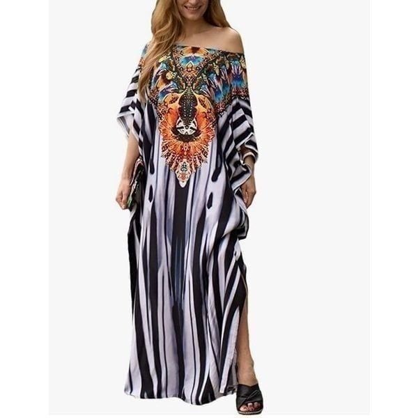 Zebra Print V Neck Kaftan Cover Up Dress