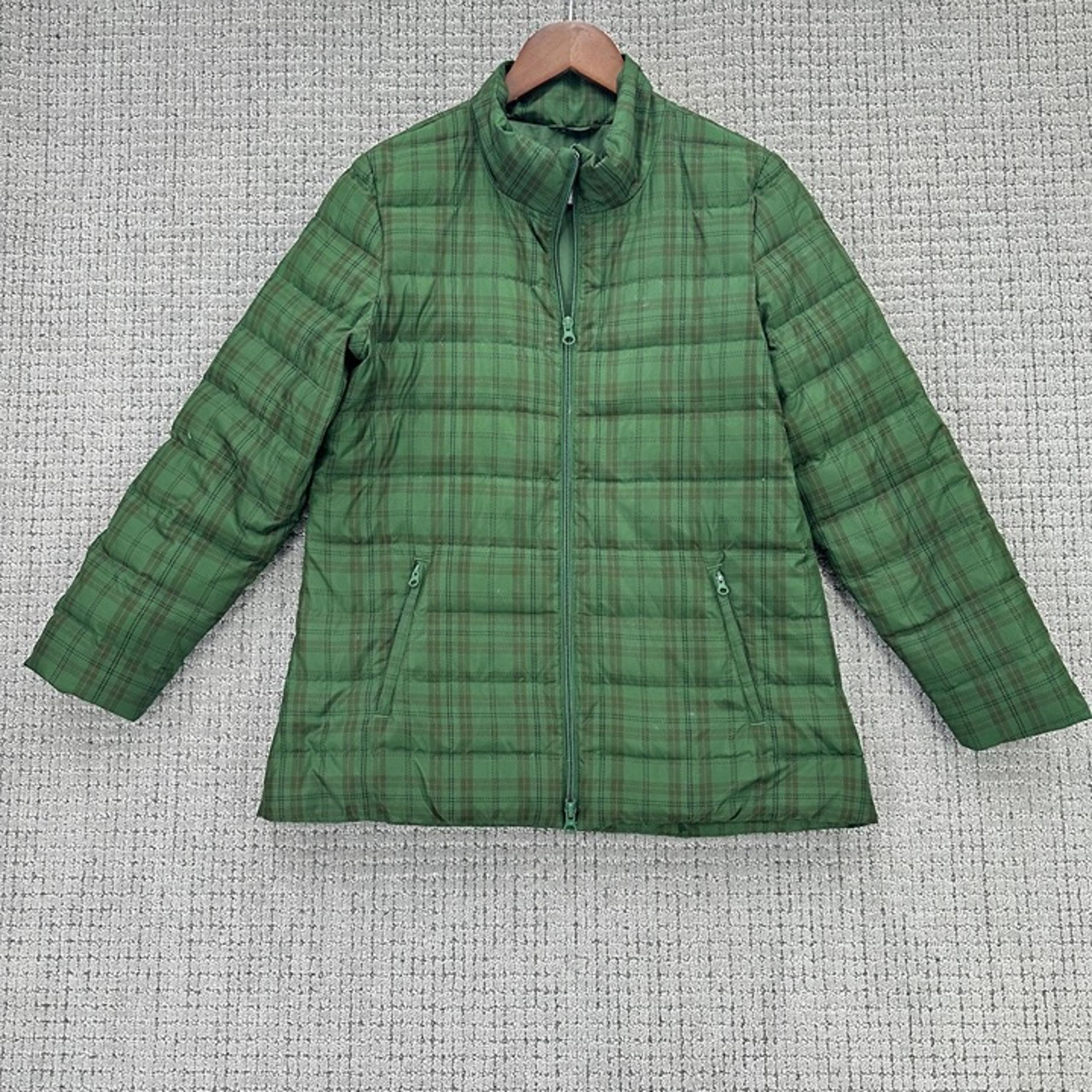 J Jill Down Puffer Jacket Womens Size Small Green Plaid Full Zip Pockets