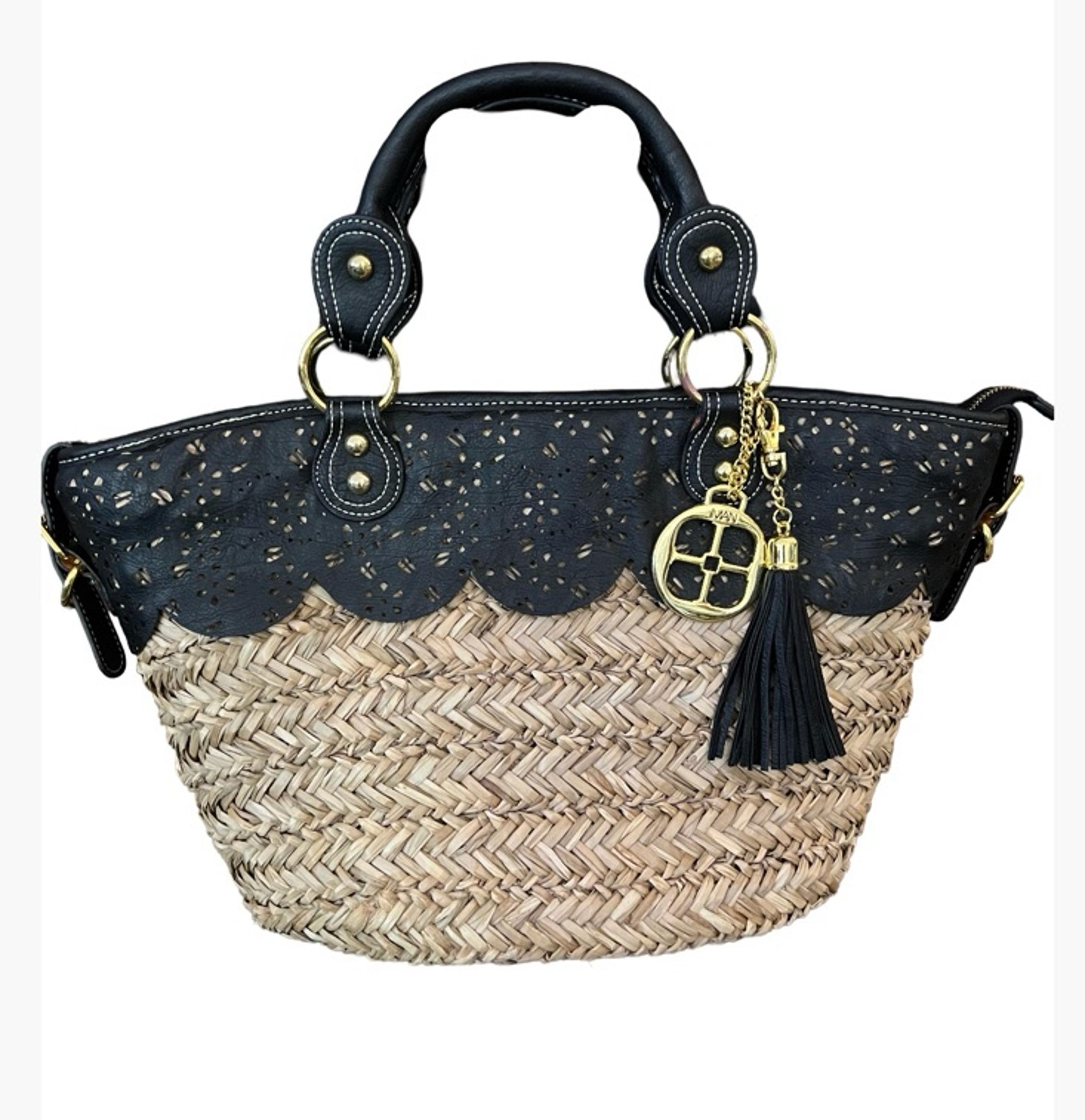 Iman Global Chic Resort Straw & Black Faux Leather Handbag Tote Bag with Charms!