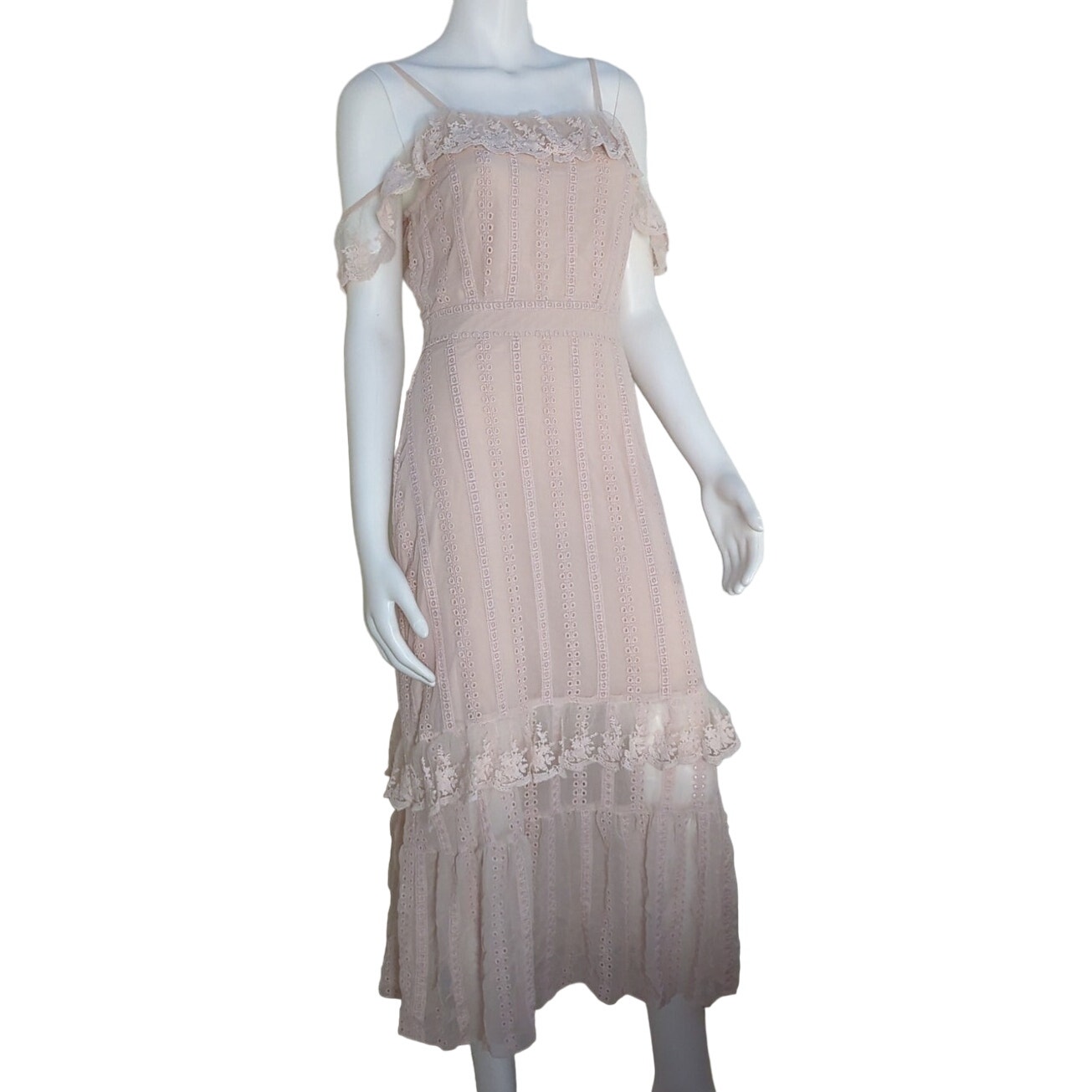 VERO MODA Pale Pink Sheer Tiered Layer Embroidered Midi Dress Women Size Small