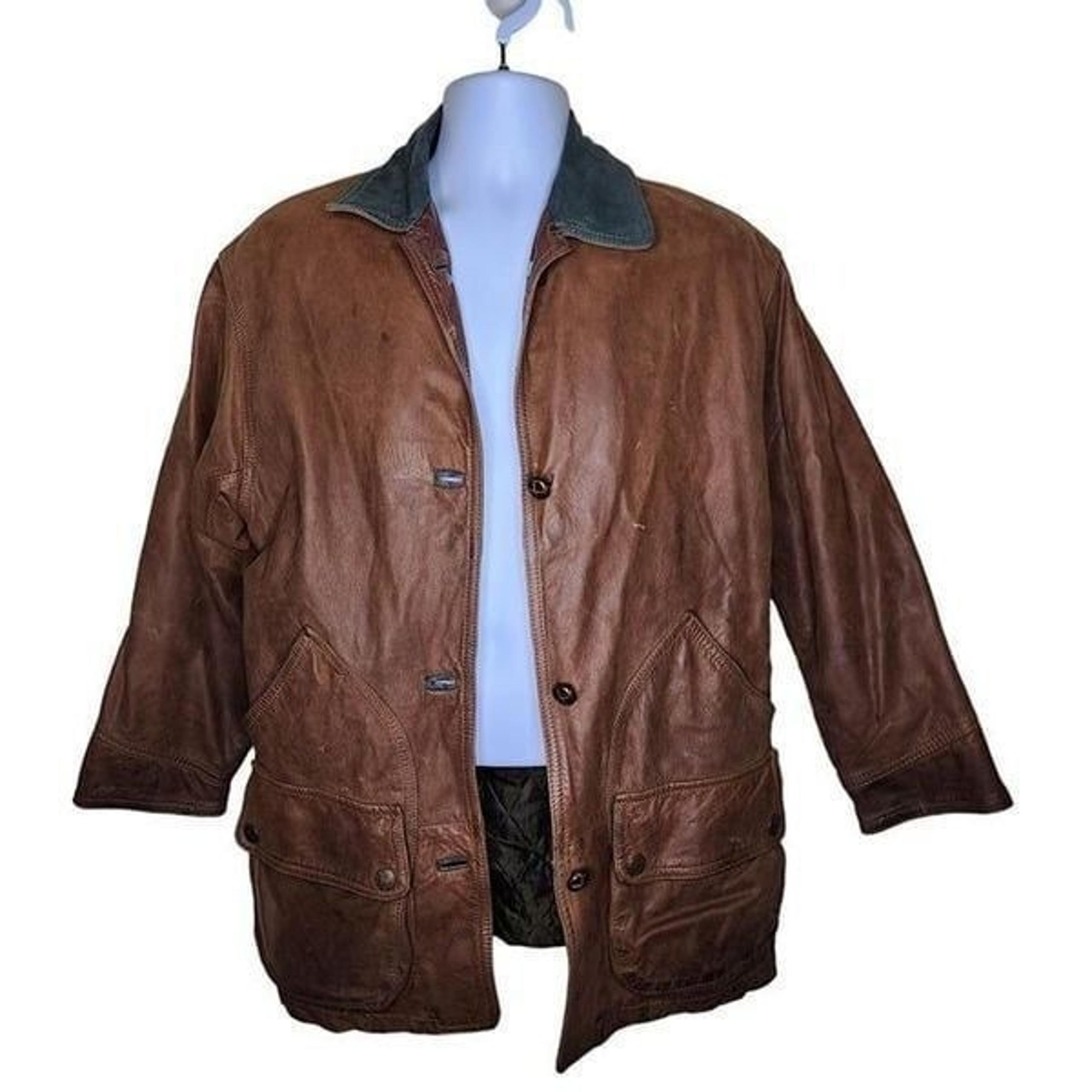 Vintage 90s Flannel Blanket Lined Leather Coat Jacket Womens M Brown