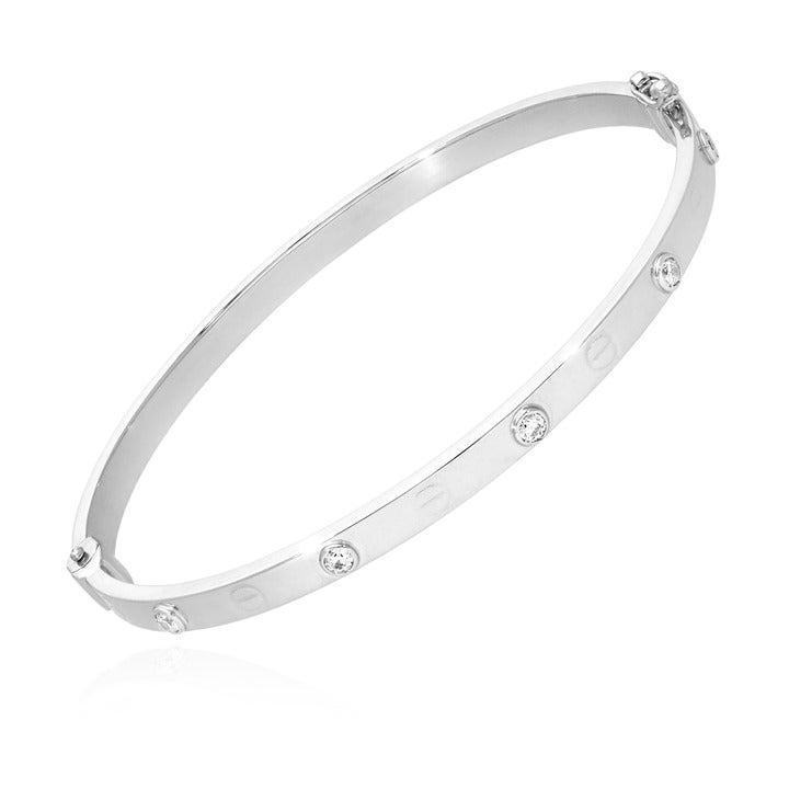 14K White Gold Hollow 4mm Screw Simulated Diamond Bangle Bracelet 7.25