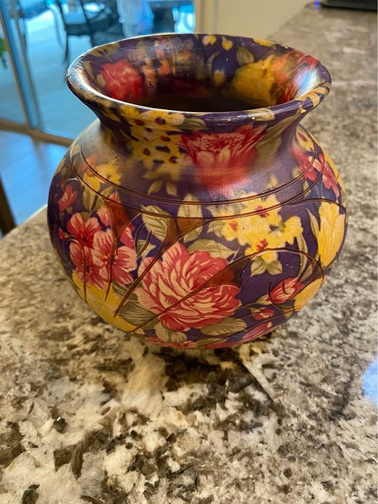 Unique Redware Floral Vase Hydrographic Film Hydro Dip Pottery Matte Finish 5.5T