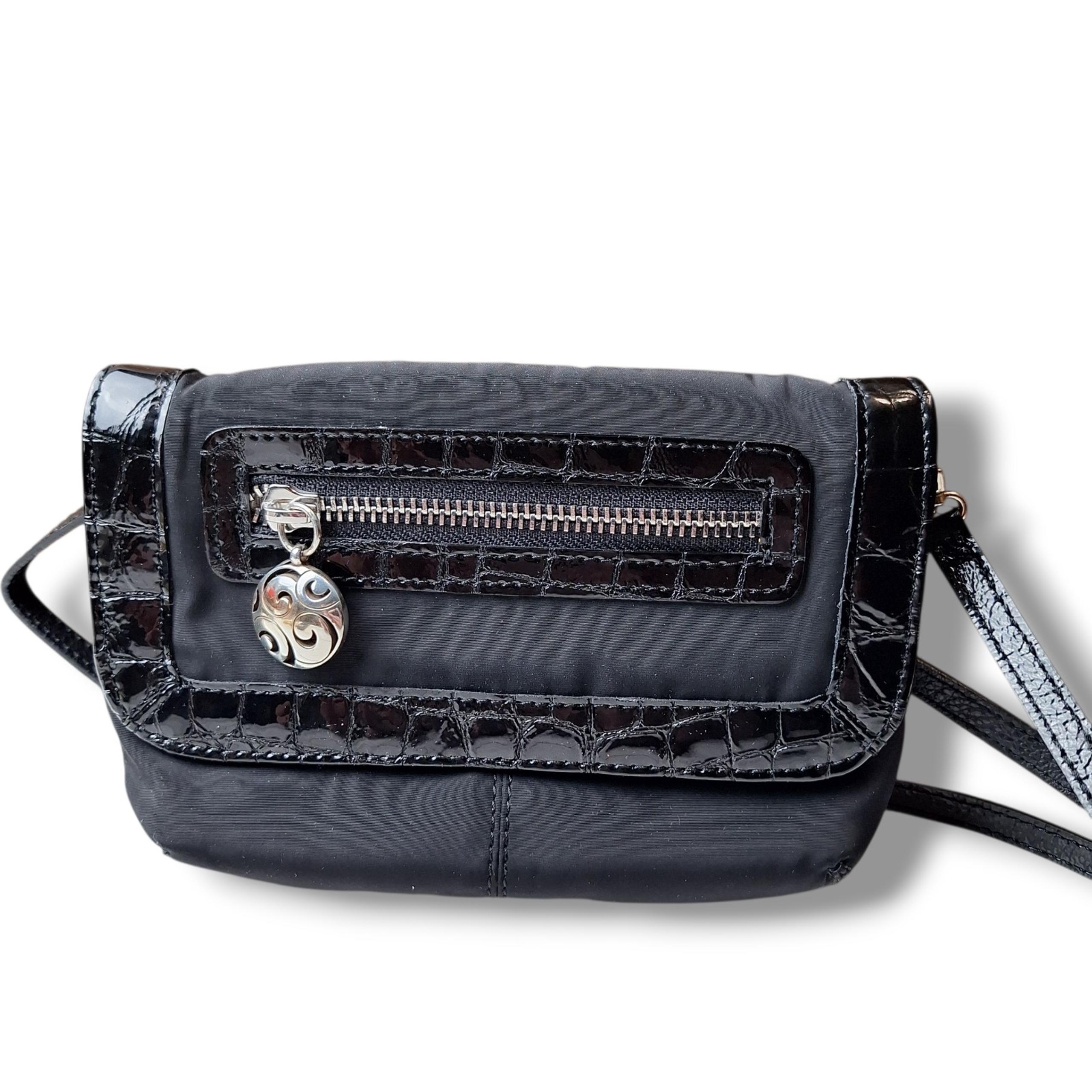 Brighton Mini Crossbody Purse Handbag Black Nylon Silvertone  W/ Wristlet Strap
