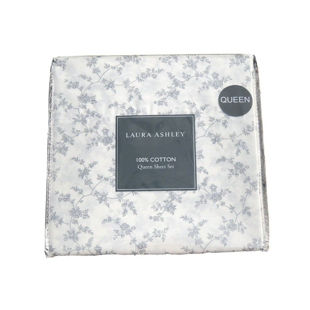 Laura Ashley Queen Sheet Set 4 PC “Fiona Gray” Flowers newest Cotton NEW