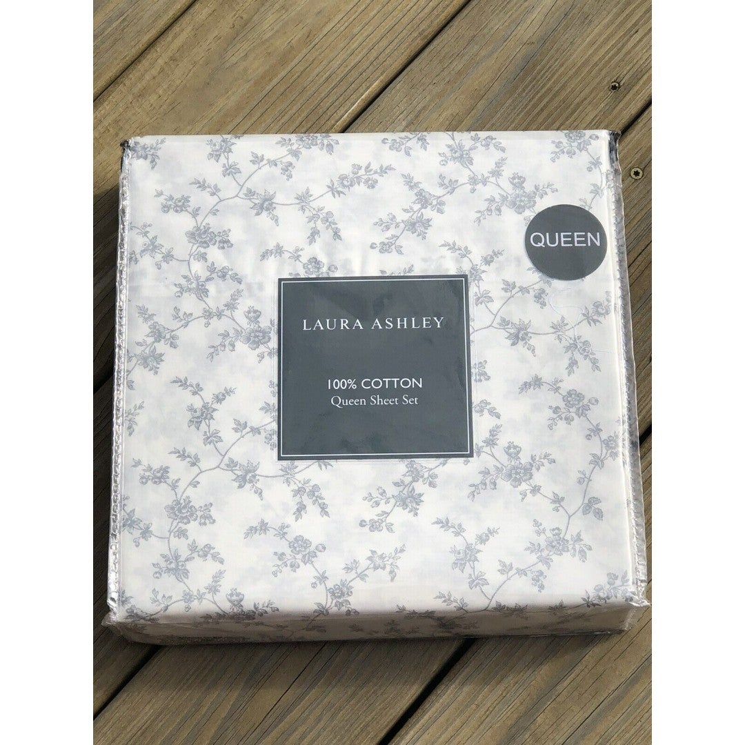 Laura Ashley Queen Sheet Set 4 PC “Fiona Gray” Flowers newest Cotton NEW
