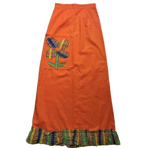 VTG 60s Handmade Maxi Flower Power Hippy Boho Orange Skirt Women’s