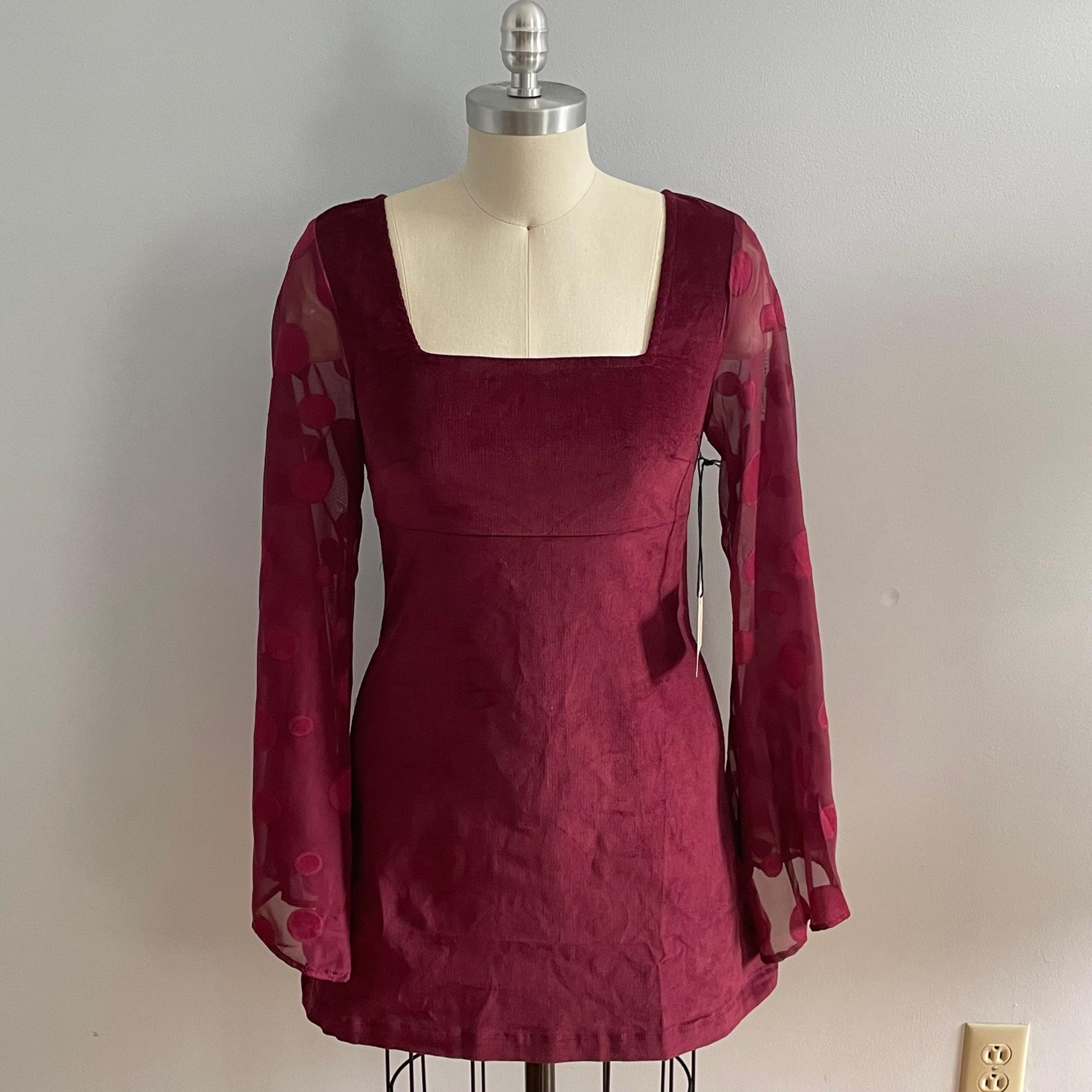 Unique Vintage x Smak Parlour Burgundy Bell Sleeve Corduroy Mini Dress- Size XS