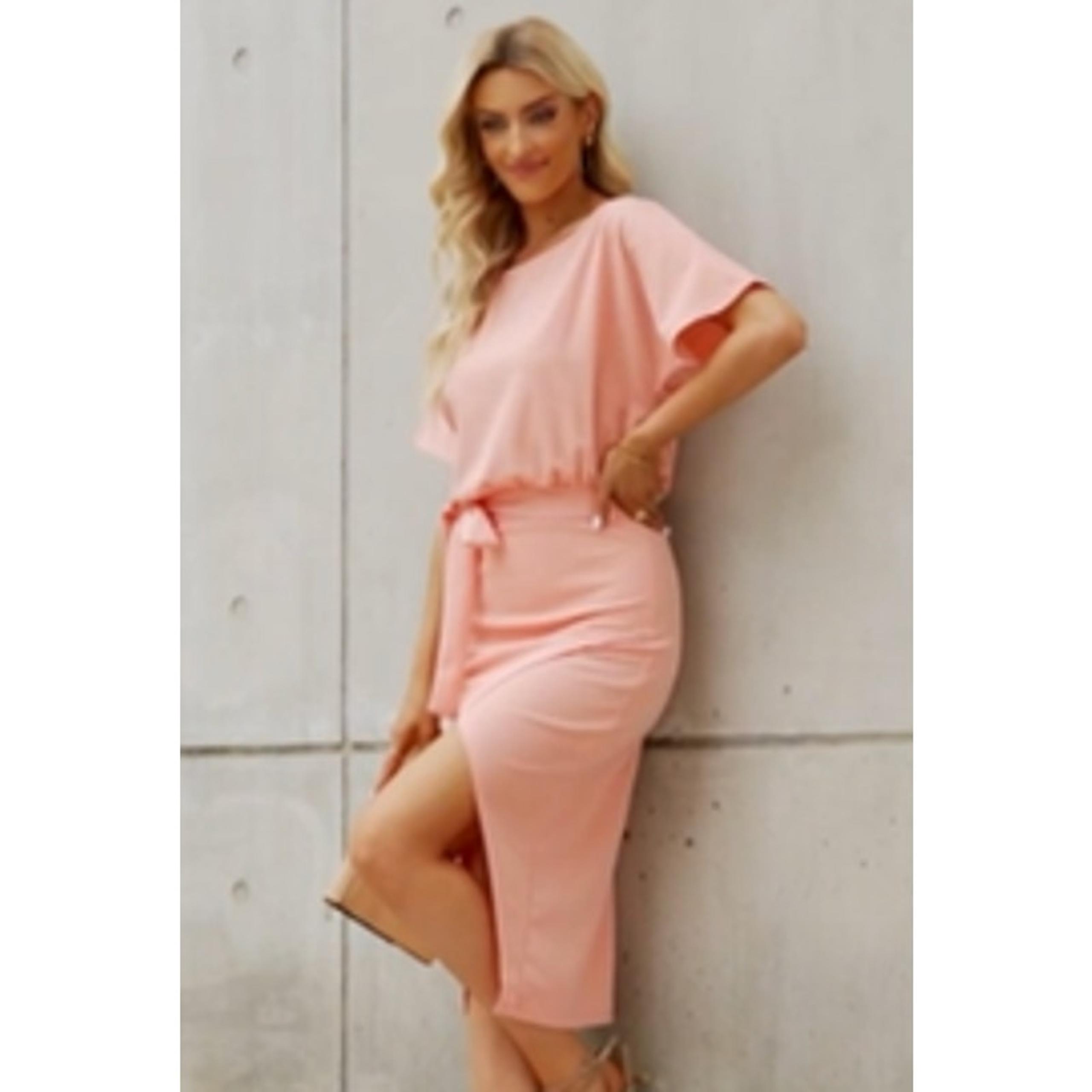 Womens Peach Belted Midi Dress Short Sleeve Office Cocktail Summer Party Dress S