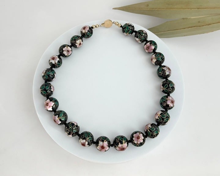 Black Cloisonee Beaded Floral & Gold Colored Design Chinese Necklace