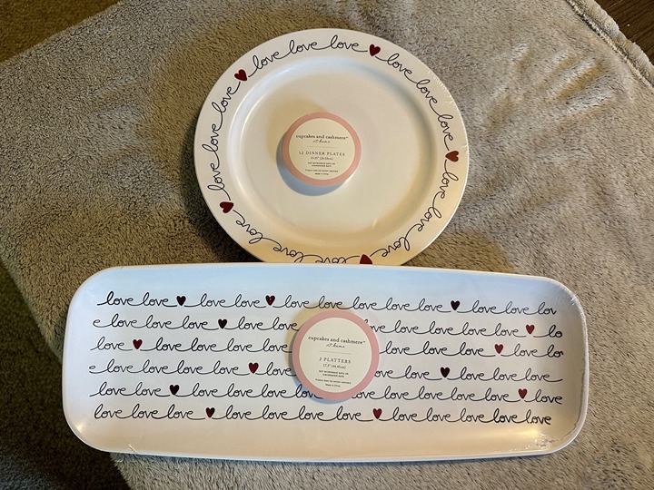 Cupcakes and Cashmere Valentines dinner plates, platter and napkin set