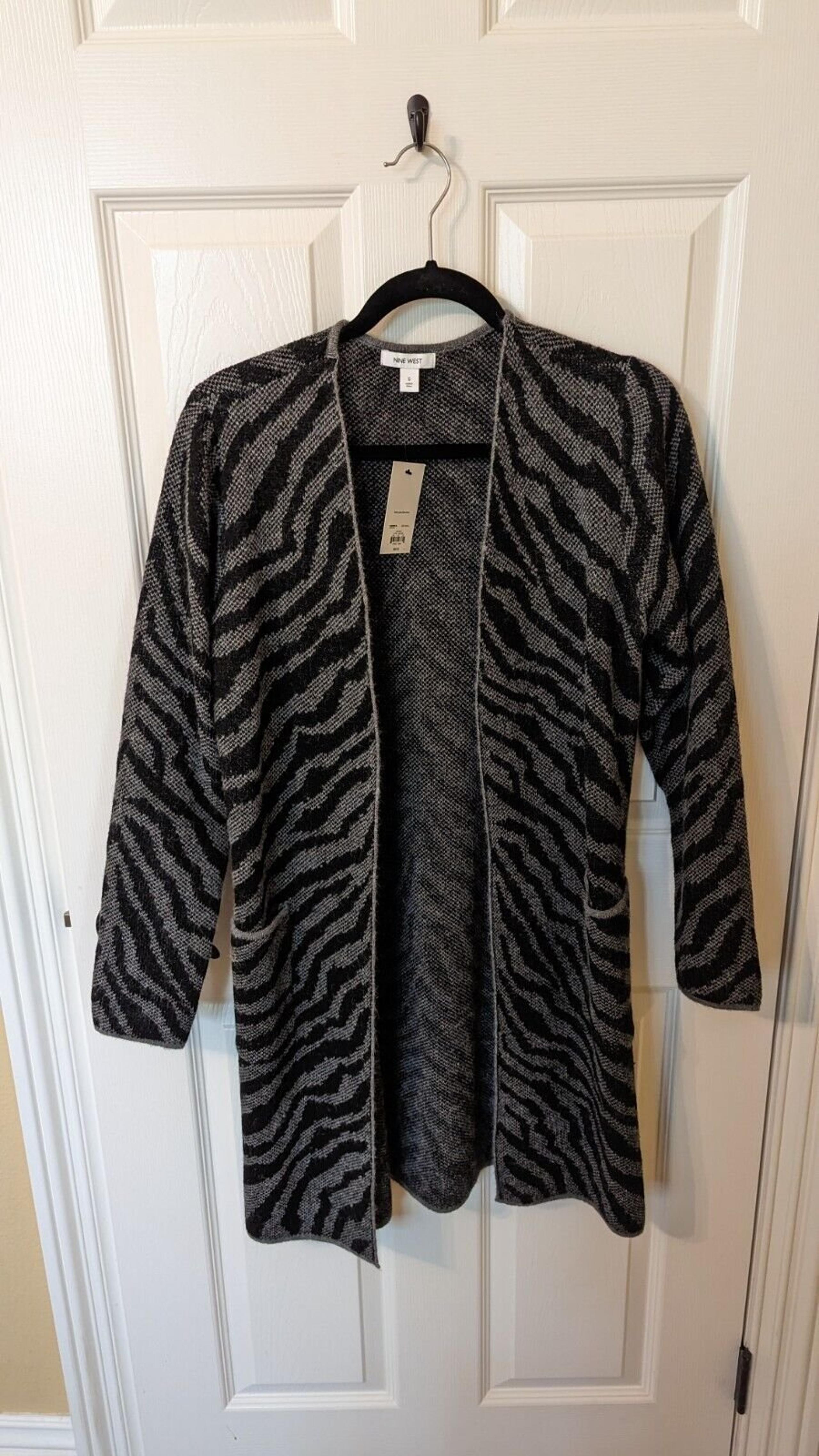NWT Nine West Women's Jacquard Sweater Car Coat Black/Gray Zebra Size Small