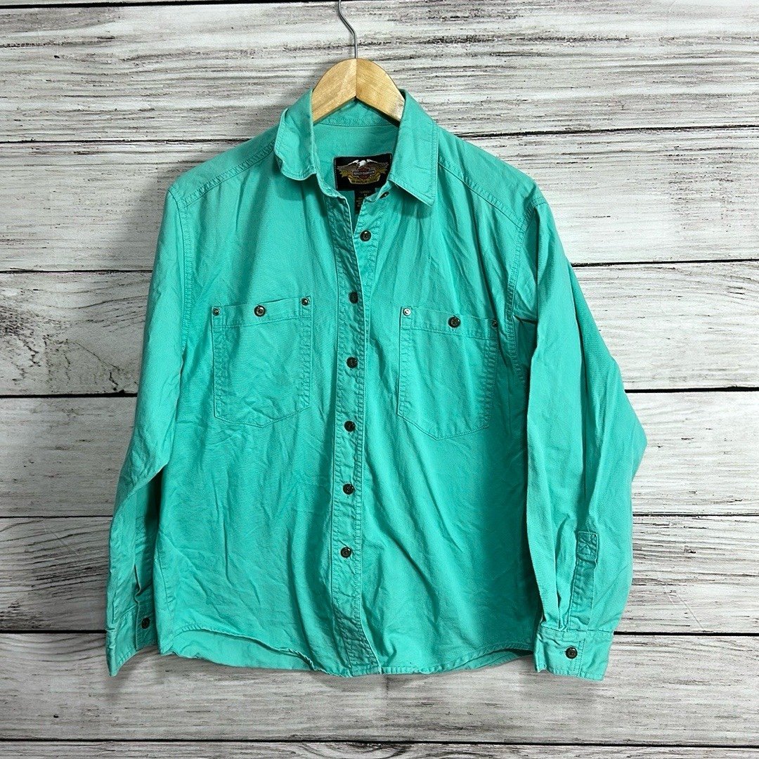 Harley Davidson Turquoise Button Up Casual Motorcycle Embroidered Womens M Shirt