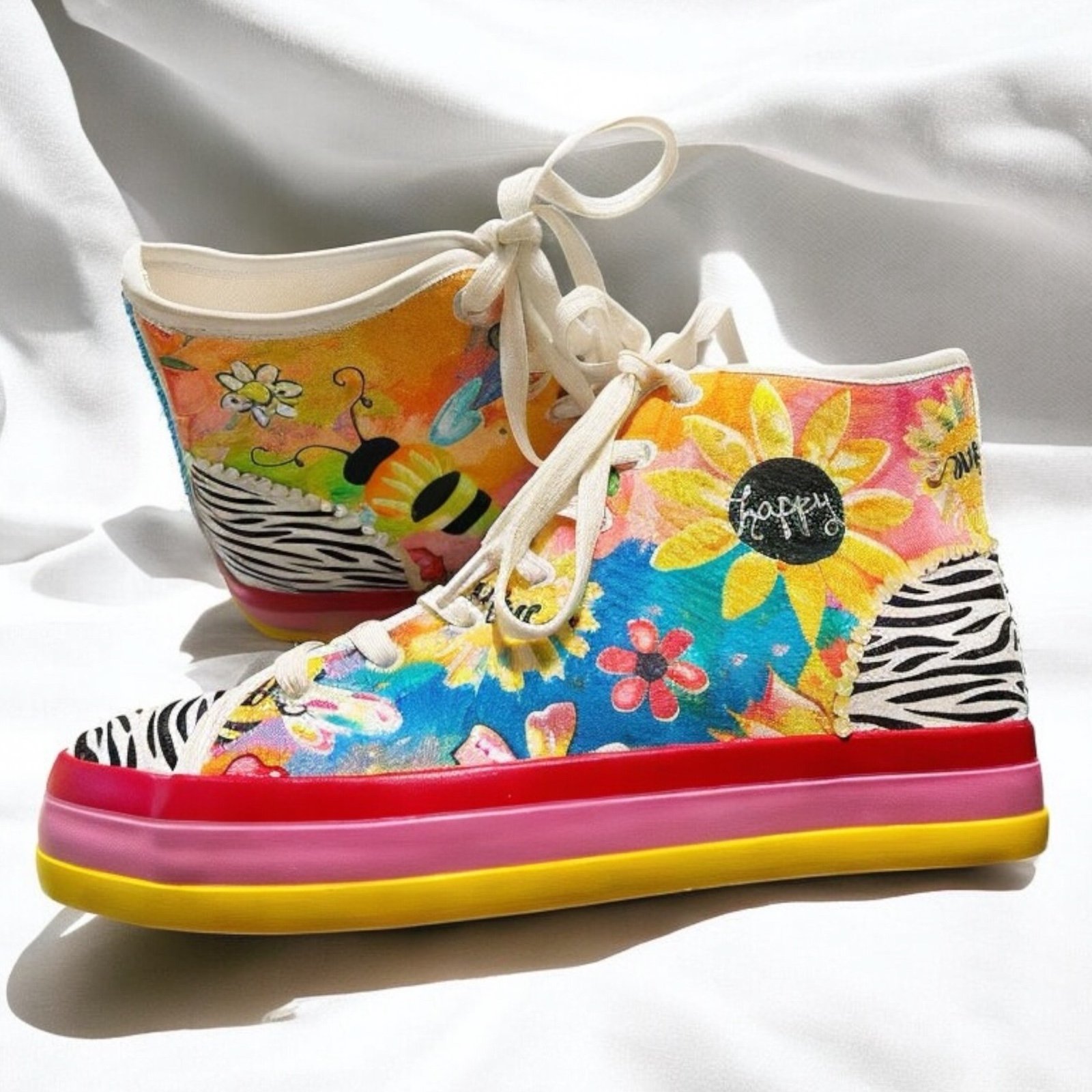 Ladies SIZE 9………Custom Floral Sunflowers & Honey Bees Rainbow Sole Sneakers. New