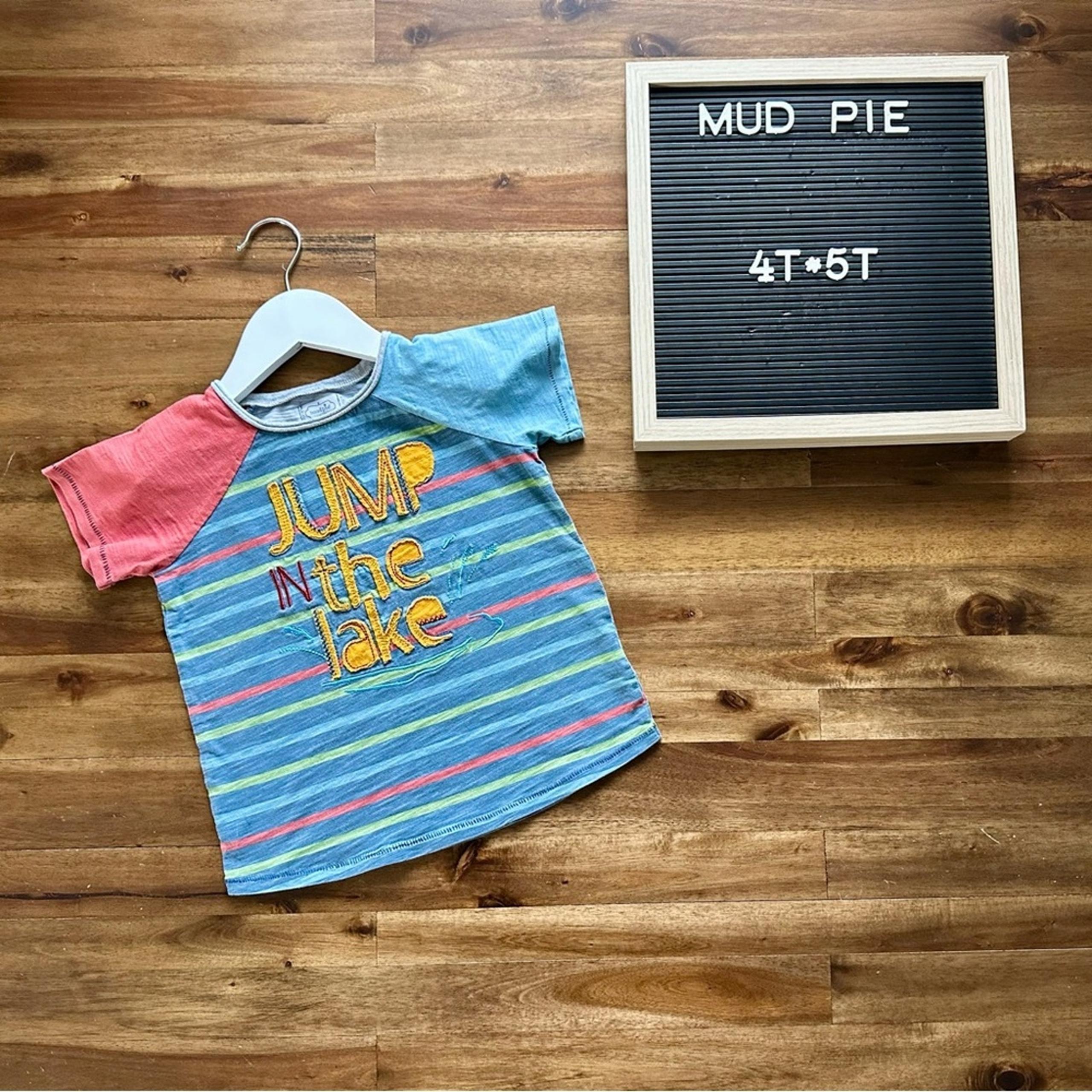 Mud Pie Blue Red Yellow Stripe Jump In The Lake Short Sleeve Knit Tee Shirt 4/5