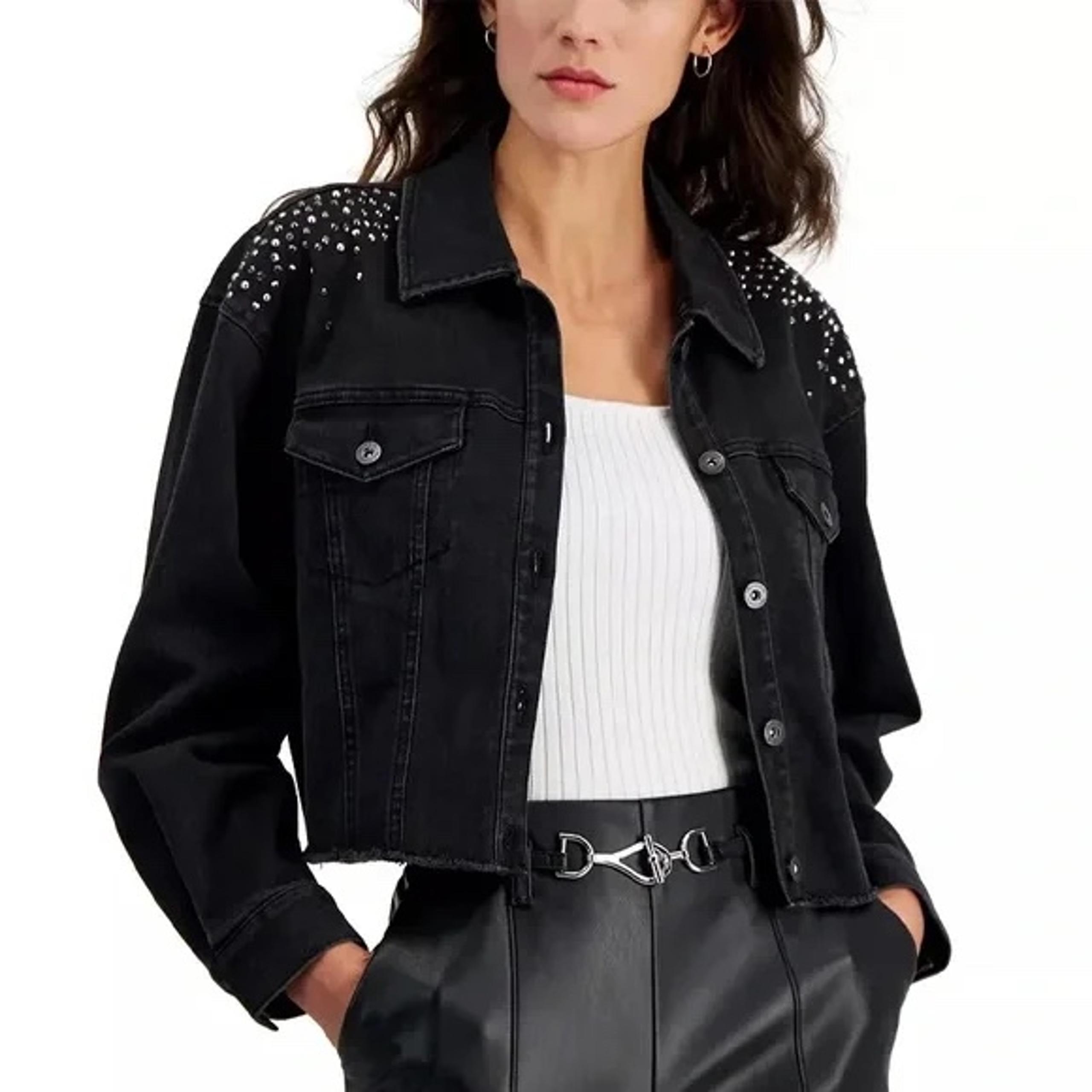 INC International Concepts Women's XS Embellished Denim Trucker Jacket Black NWT