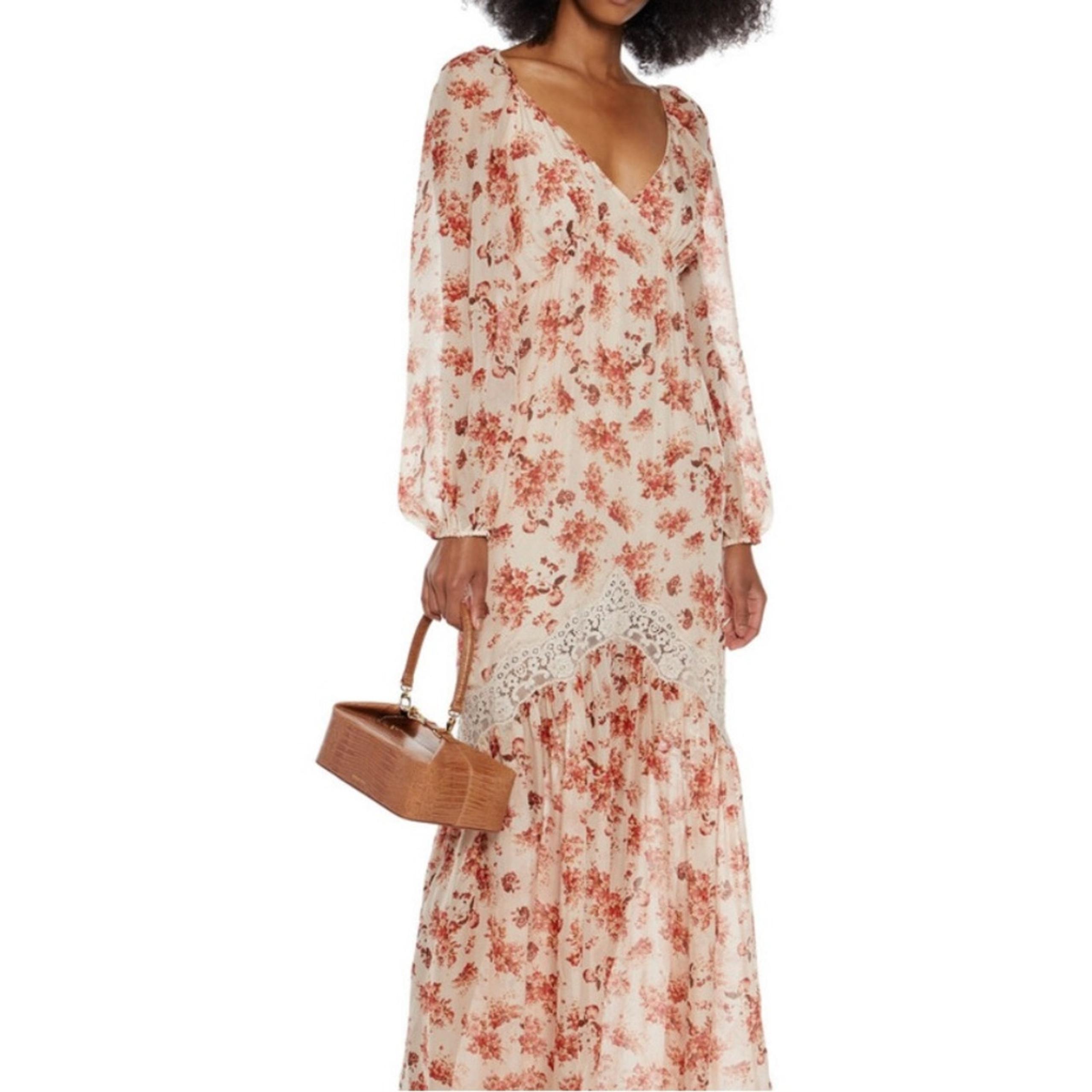 CAMI NYC Francie Lace Trimmed Floral Print Silk Chiffon Maxi Dress Size: S