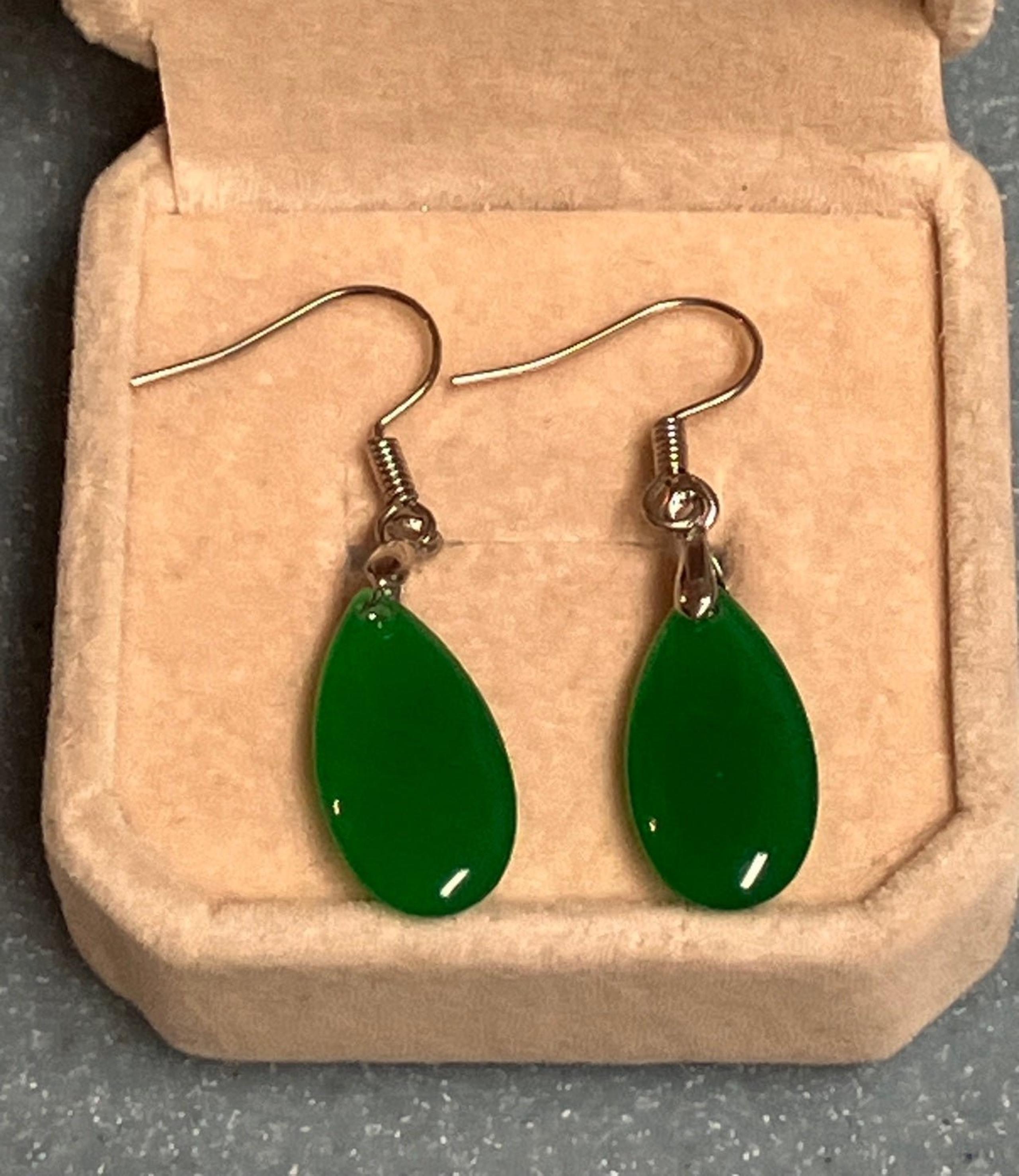 14K White Gold NATURAL Emerald Green Jade Teardrop Dangle Earrings GRADE A W/BOX