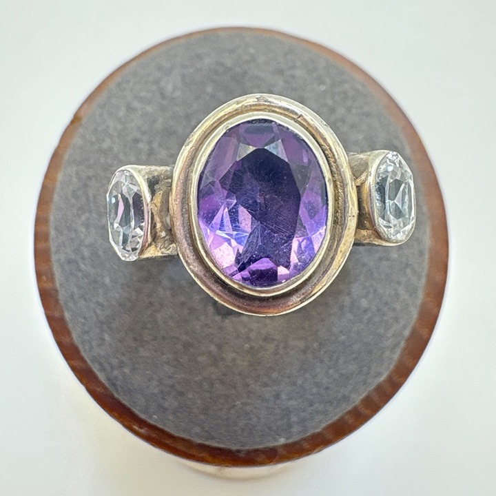 VTG Sterling Silver 925 Amethyst & Cubic Zirconia Statement Ring Size 8.75