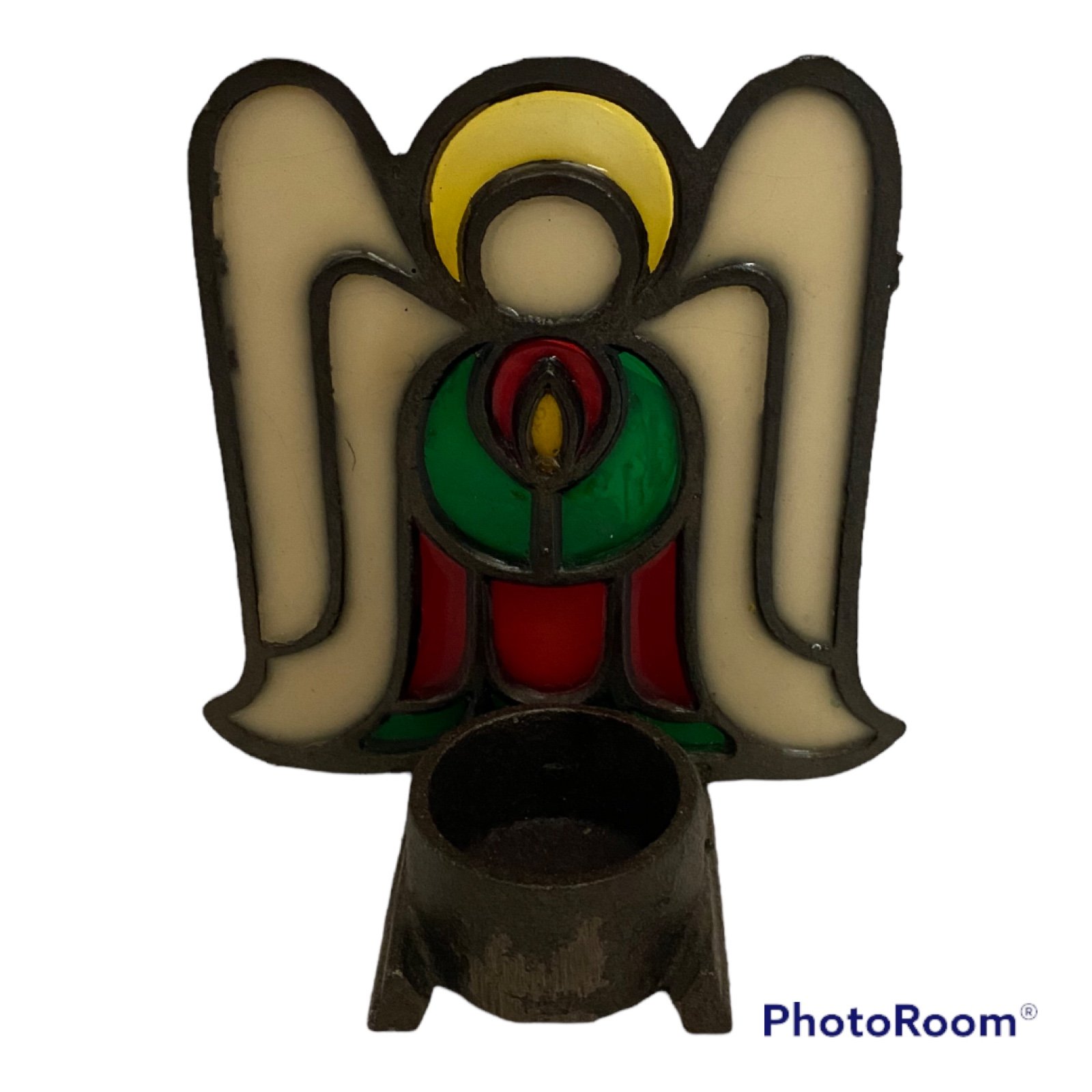 Vintage Decor Angel Stained Glass Cast Iron Single Candle Holder Made in Taiwan
