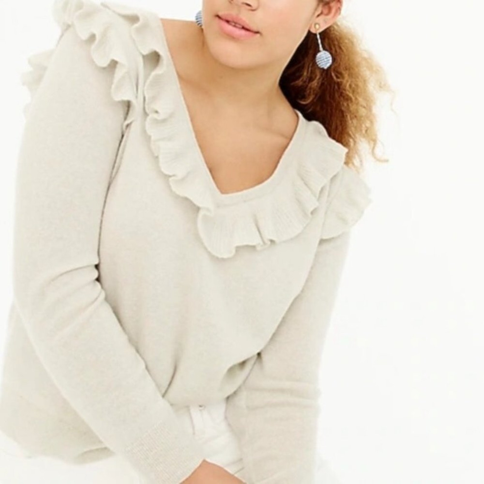 J. Crew Light Grey Ruffle V-Neck Cashmere Sweater